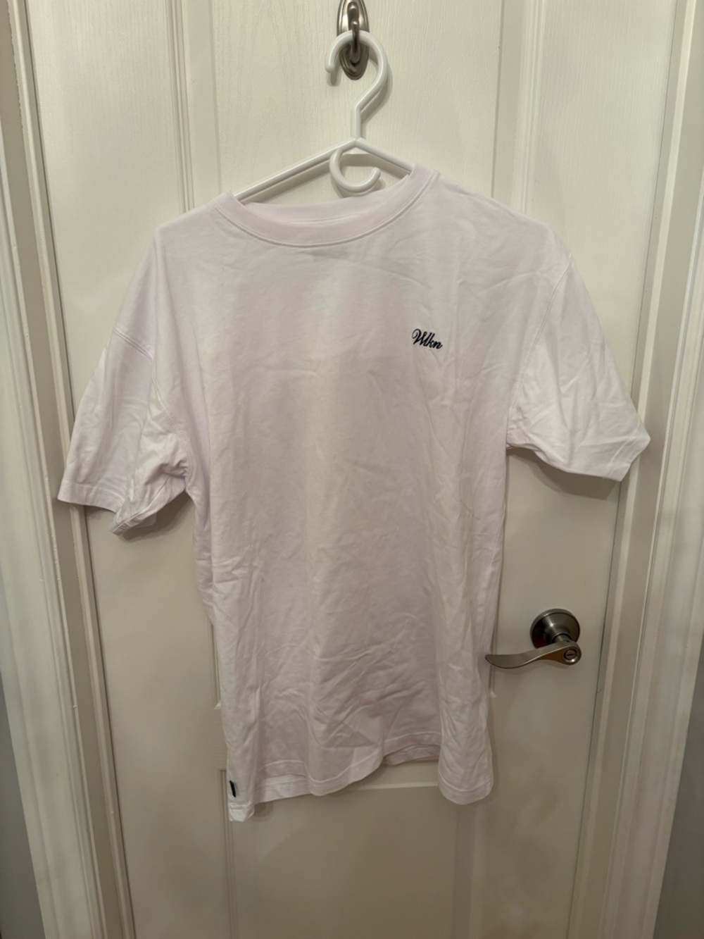 White Crew Neck T-Shirt with Small Script Chest Logo